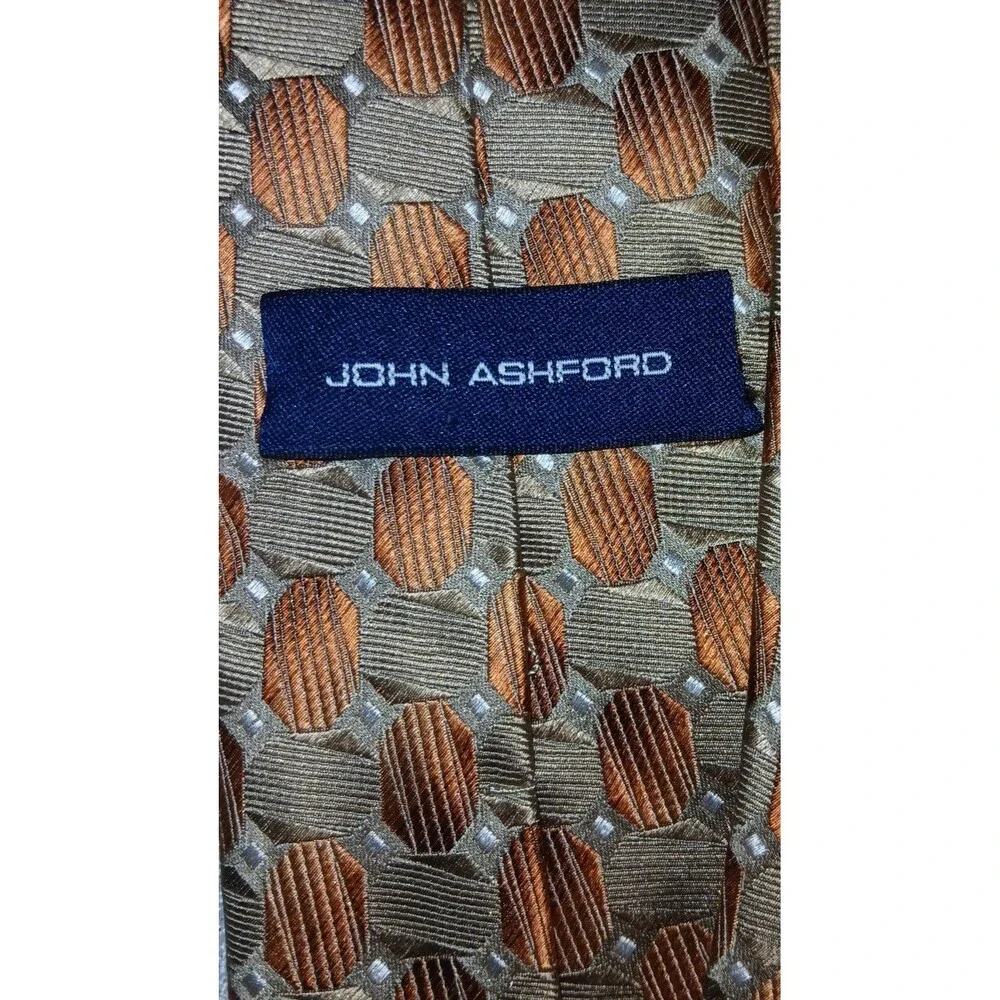 John Ashford 100% Silk Tie Stain Resistant Gold Tan Abstract Art Print Classic